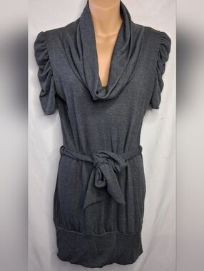 Charcoal Gray Cowl Neck Belted Knit Dress